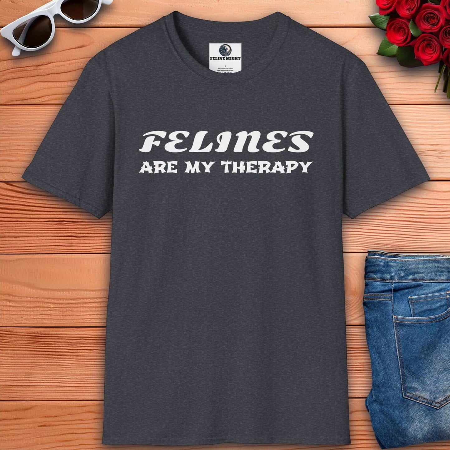 Funny dark heather grey t-shirt design saying 'Felines Are My Therapy'