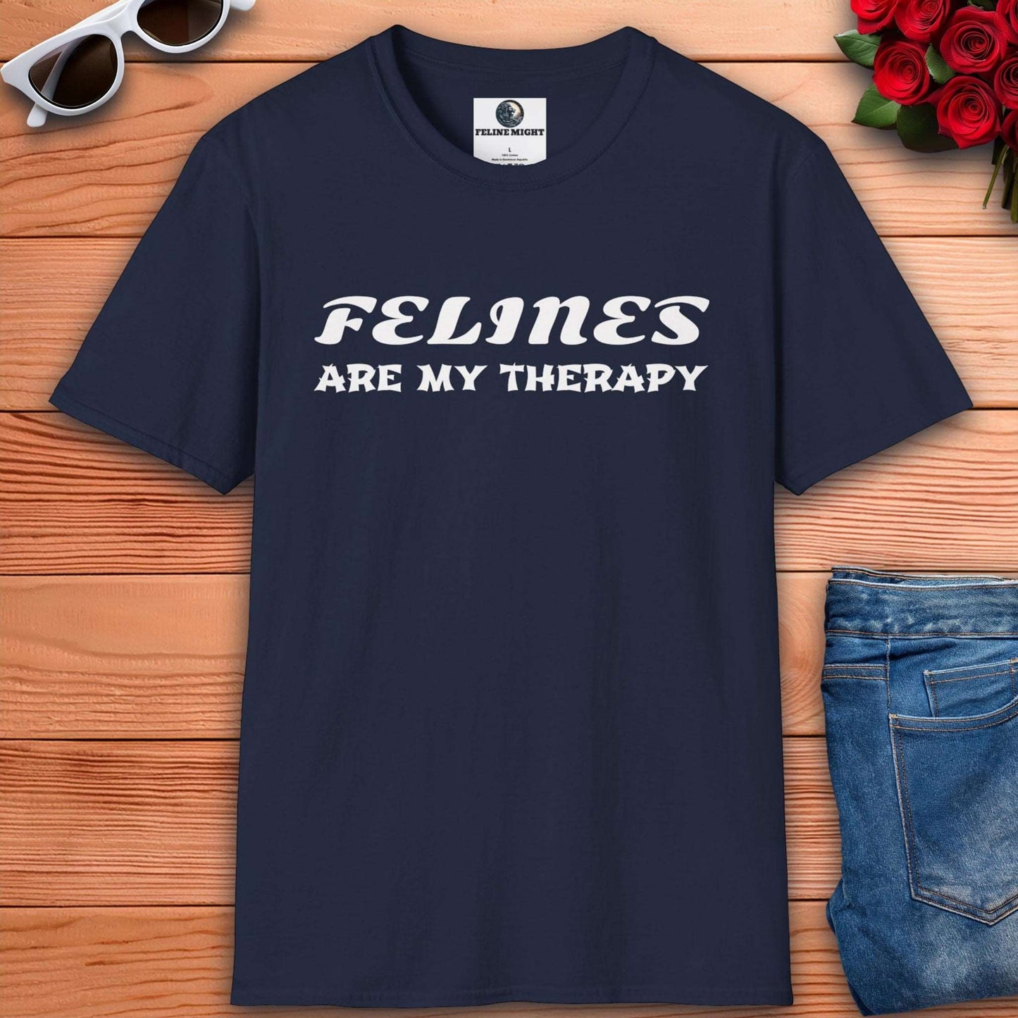 Funny navy blue t-shirt design saying 'Felines Are My Therapy'