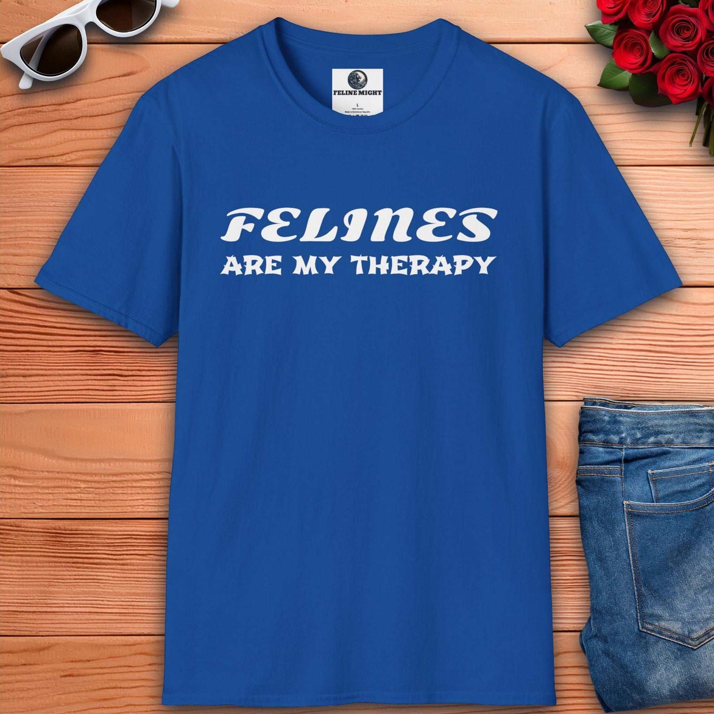 Funny royal blue t-shirt design saying 'Felines Are My Therapy'