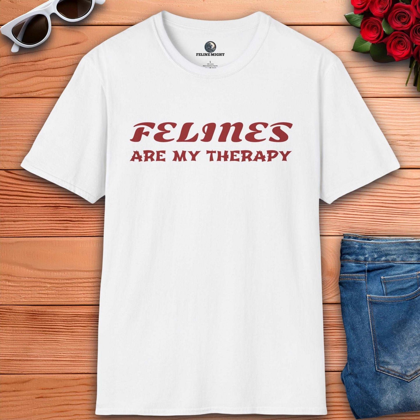 Funny white t-shirt design saying 'Felines Are My Therapy'