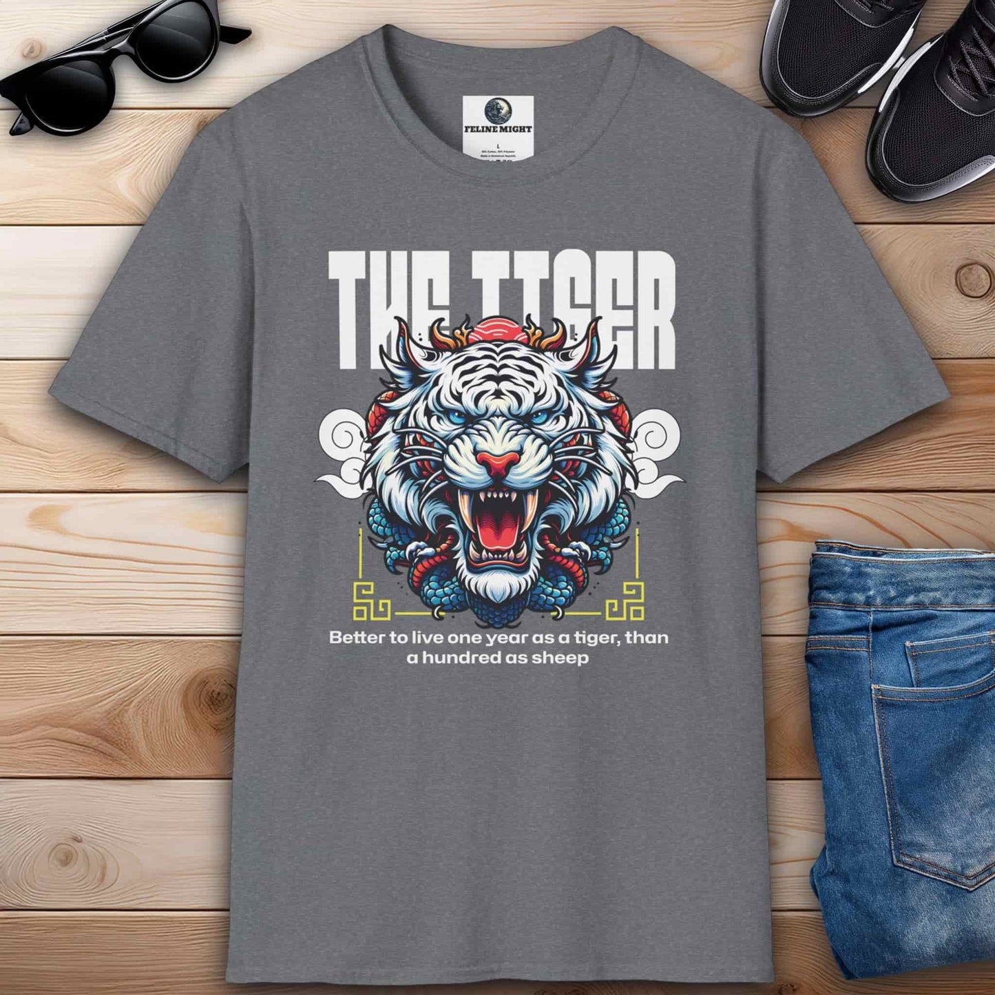 Stylish athletic heather grey t-shirt with a colorful tiger design and the phrase 'Better to live one year as a tiger.'