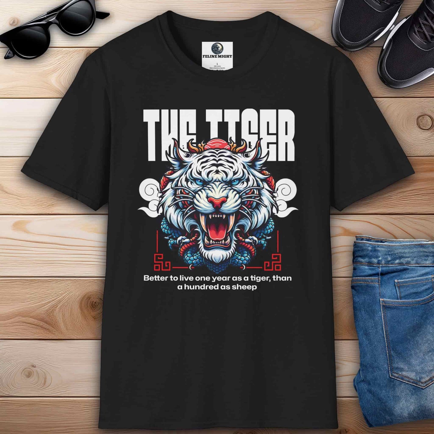 Stylish black t-shirt with a colorful tiger design and the phrase 'Better to live one year as a tiger.'