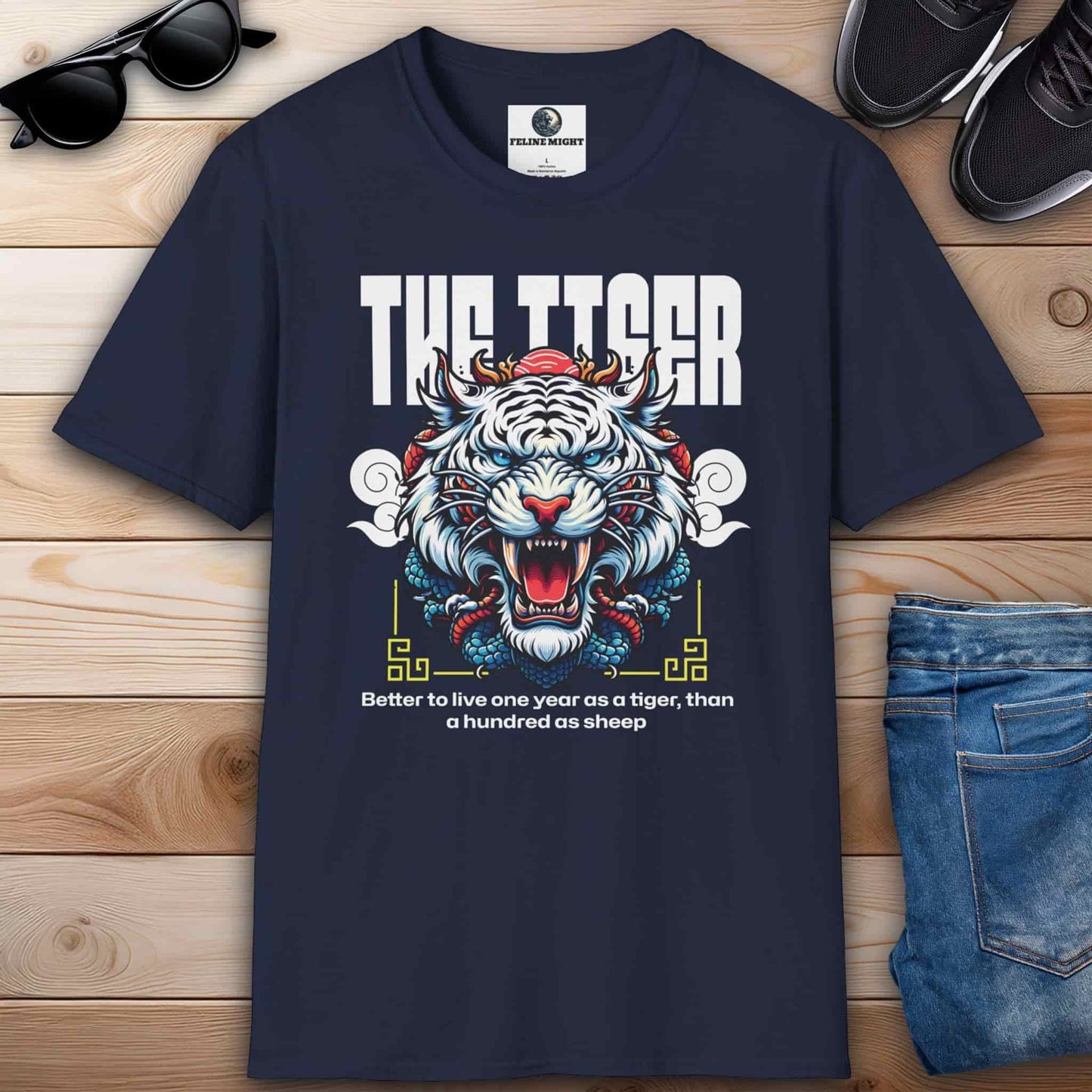 Stylish navy blue t-shirt with a colorful tiger design and the phrase 'Better to live one year as a tiger.'