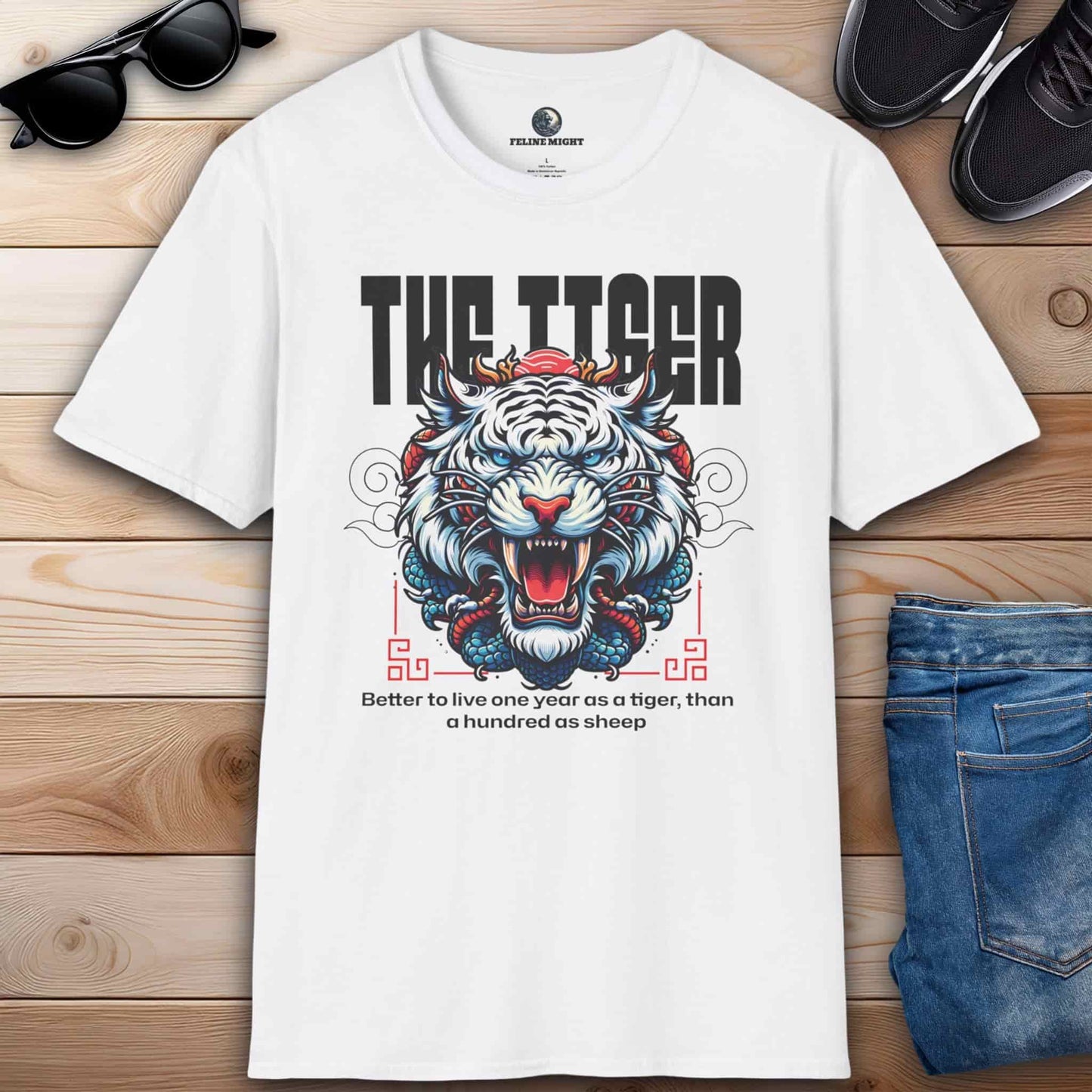 Stylish white t-shirt with a colorful tiger design and the phrase 'Better to live one year as a tiger.'