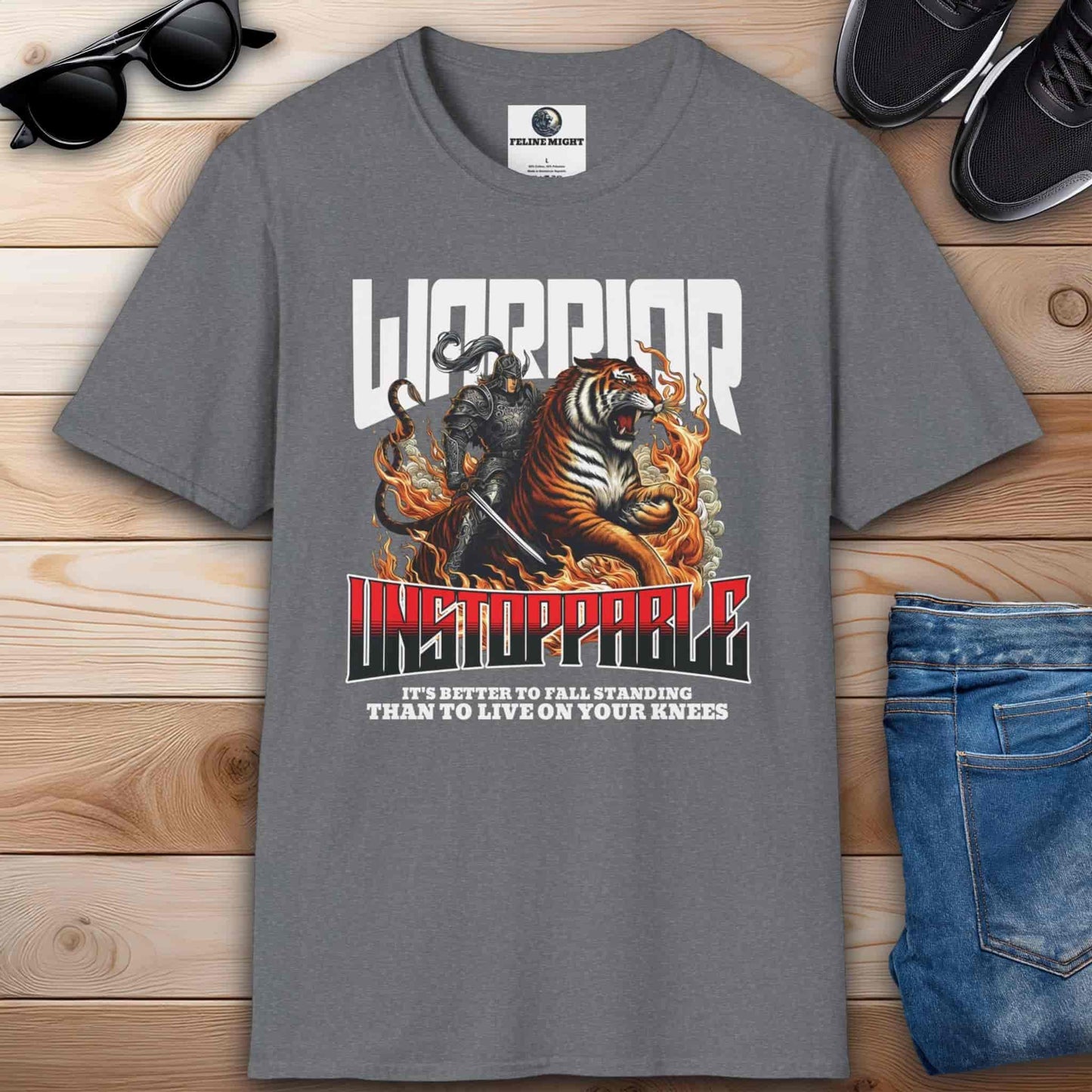 Athletic heather grey t-shirt featuring a warrior and a tiger with the word 'Unstoppable'