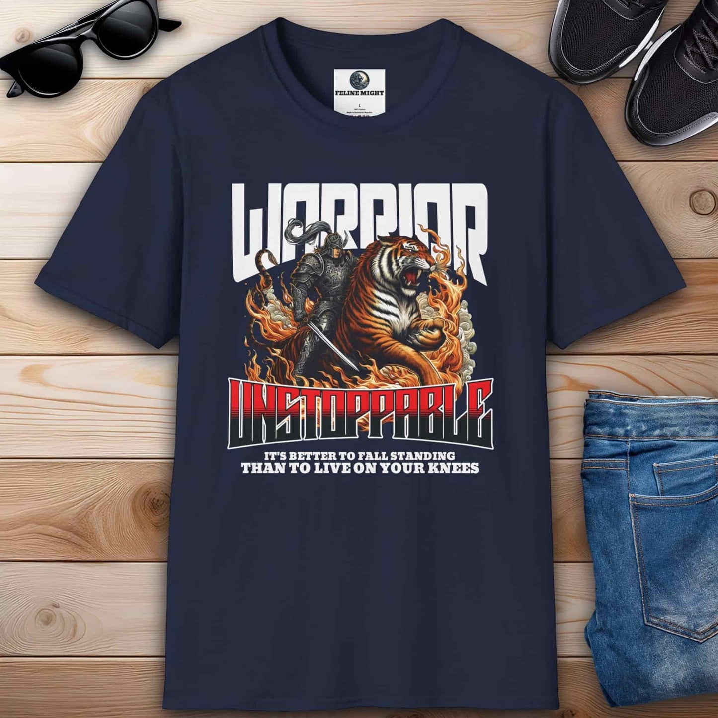 Navy blue t-shirt featuring a warrior and a tiger with the word 'Unstoppable'