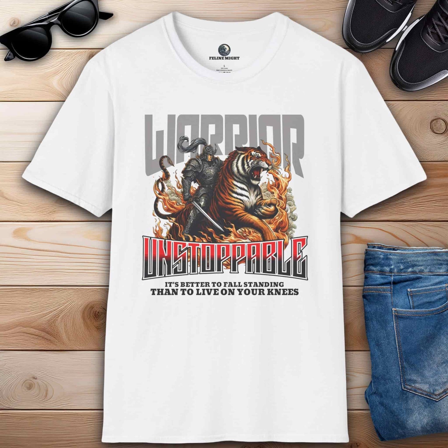 White t-shirt featuring a warrior and a tiger with the word 'Unstoppable'