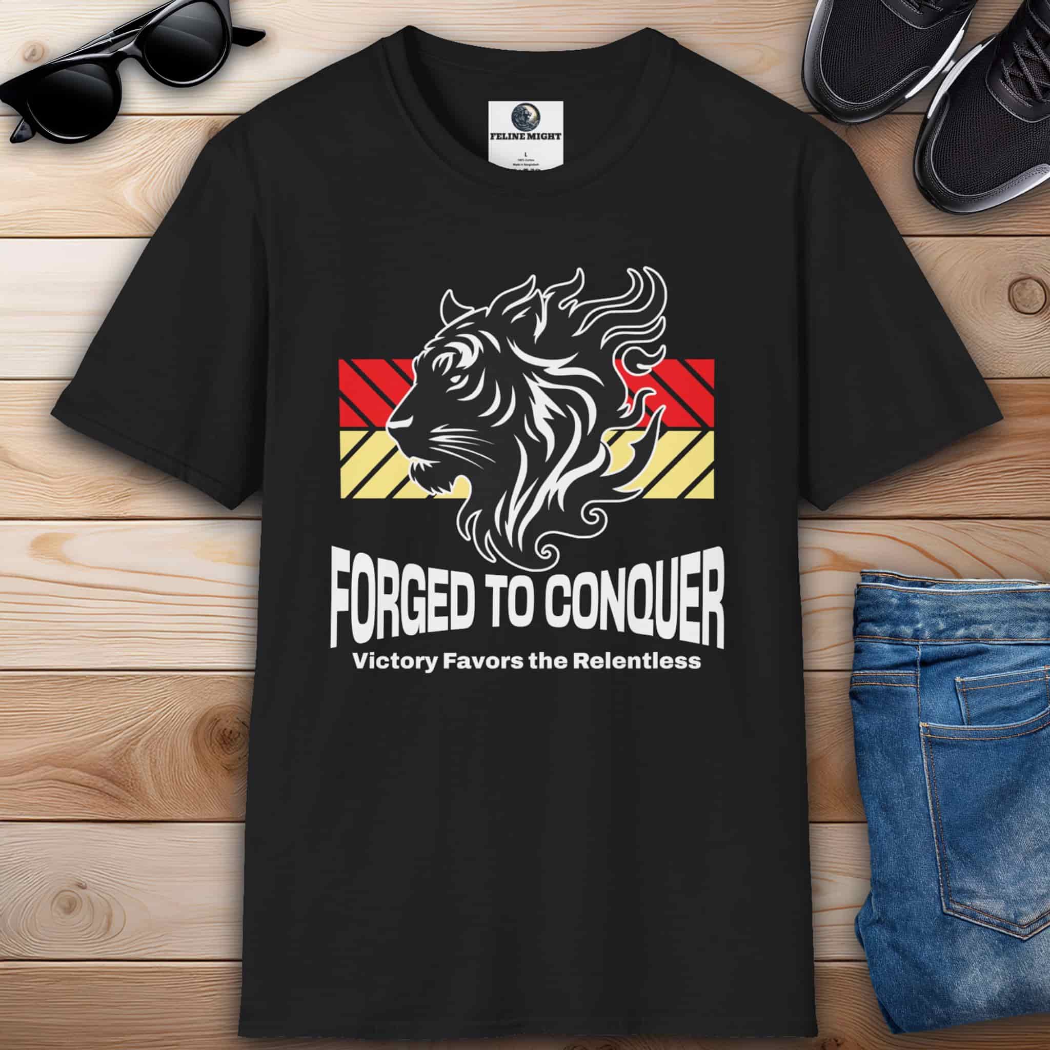 A black "Forged to Conquer" Tiger T-Shirt featuring a fierce tiger design and the text 'Victory favors the relentless,' representing strength and resilience.