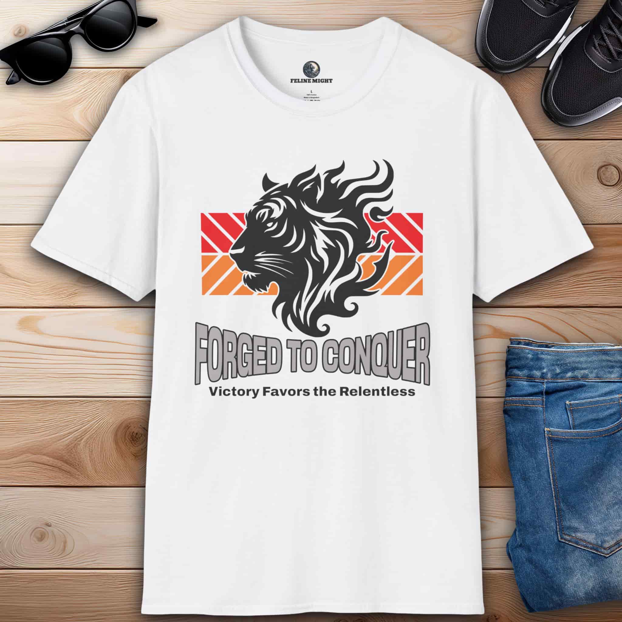 A white "Forged to Conquer" Tiger T-Shirt featuring a fierce tiger design and the text 'Victory favors the relentless,' representing strength and resilience.