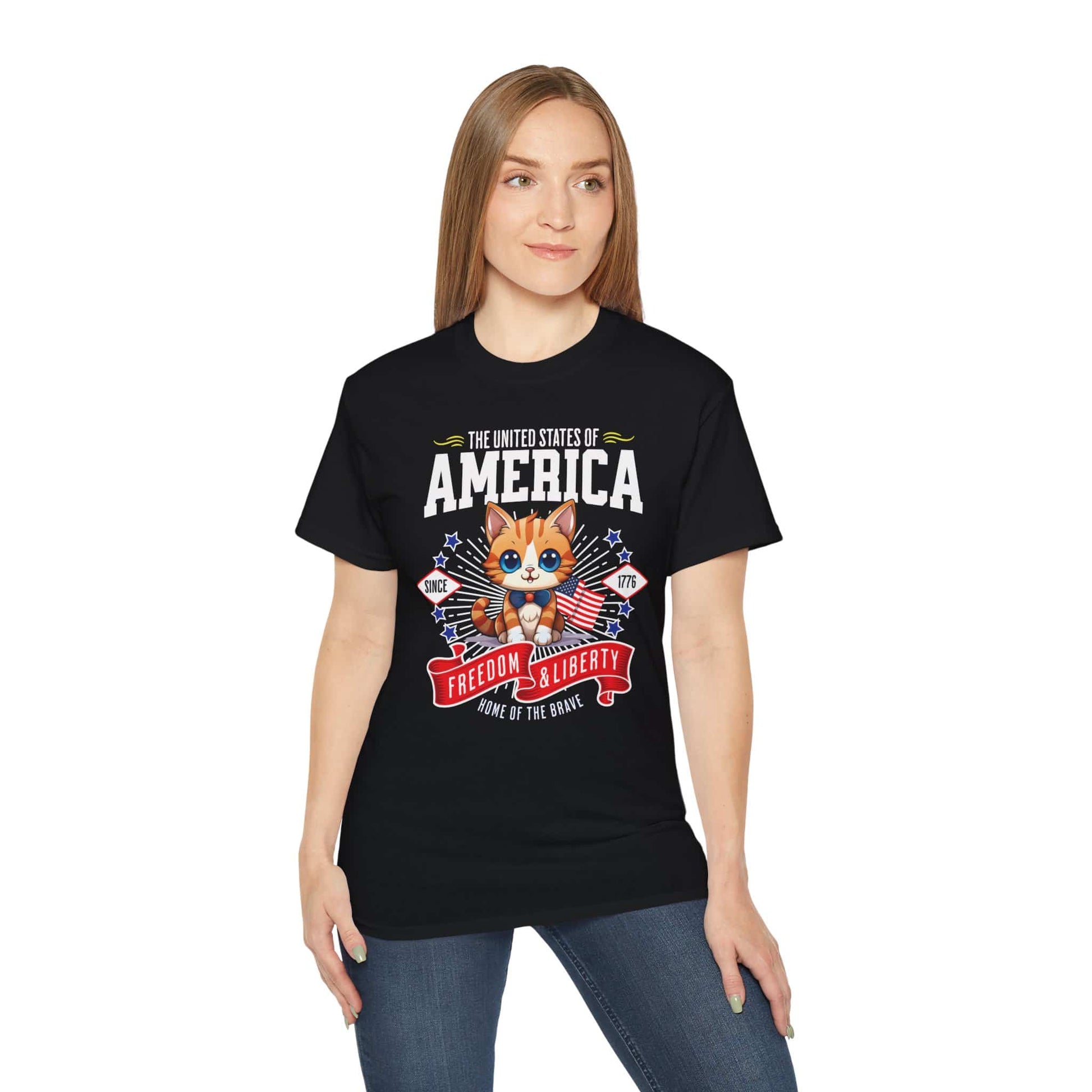 A woman in a black Freedom and Liberty Cat T-Shirt featuring a cute kitten with American flag elements, perfect for patriotic cat lovers.