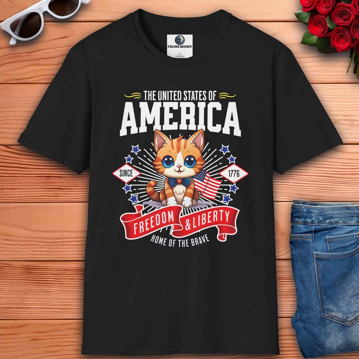 A black Freedom and Liberty Cat T-Shirt featuring a cute kitten with American flag elements, perfect for patriotic cat lovers.