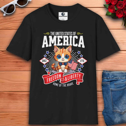 A black Freedom and Liberty Cat T-Shirt featuring a cute kitten with American flag elements, perfect for patriotic cat lovers.