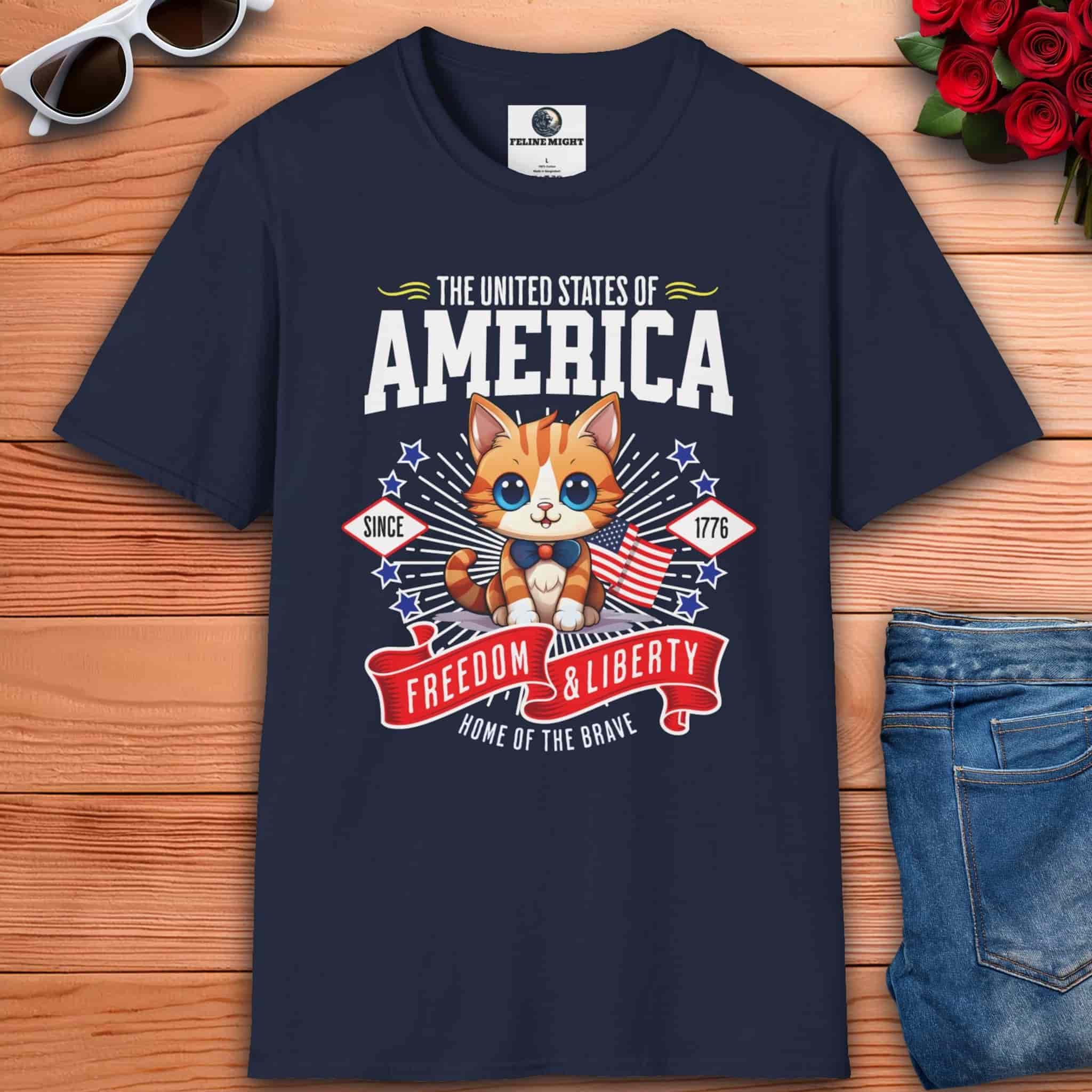 A navy blue Liberty Cat Graphic T-Shirt featuring a cute kitten with American flag elements, perfect for patriotic cat lovers.