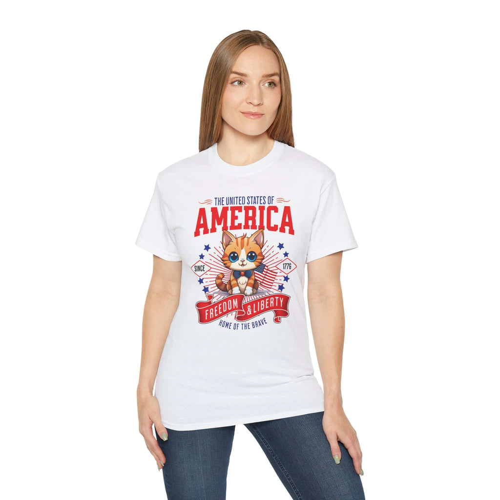 A woman in a white Pawtriotic America T-Shirt, featuring a cute kitten with American flag elements, perfect for patriotic cat lovers.