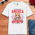 A white Pawtriotic America T-Shirt featuring a cute kitten with American flag elements, perfect for patriotic cat lovers.