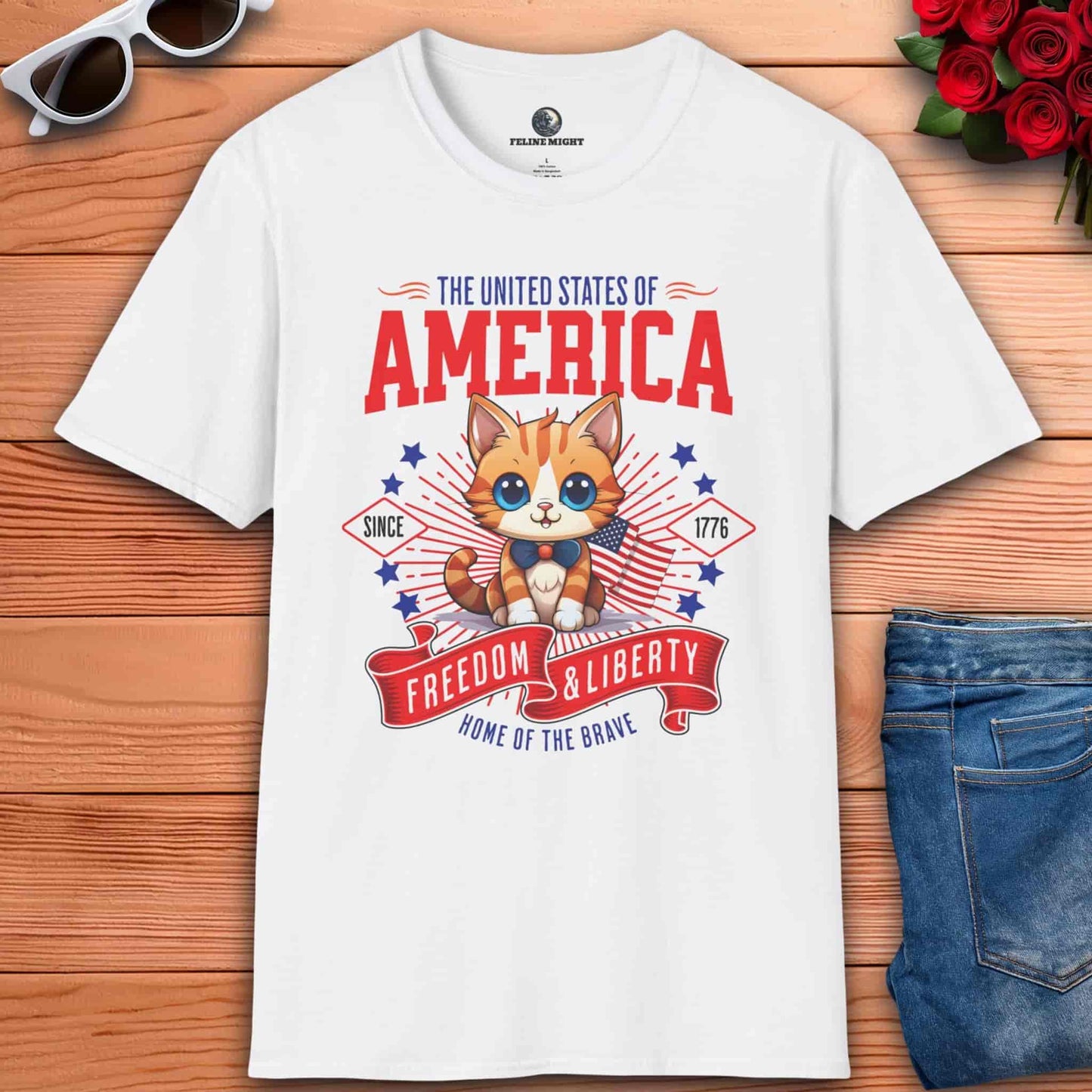 A white Freedom and Liberty Cat T-Shirt featuring a cute kitten with American flag elements, perfect for patriotic cat lovers.