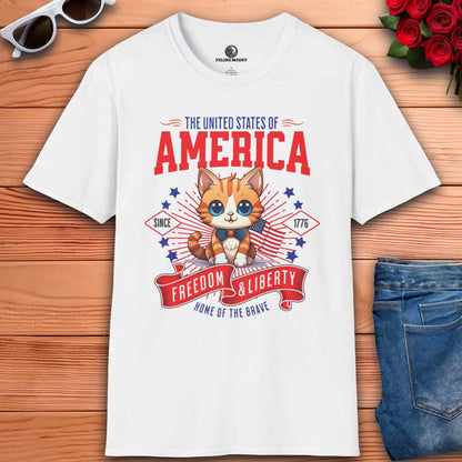 A white Freedom and Liberty Cat T-Shirt featuring a cute kitten with American flag elements, perfect for patriotic cat lovers.