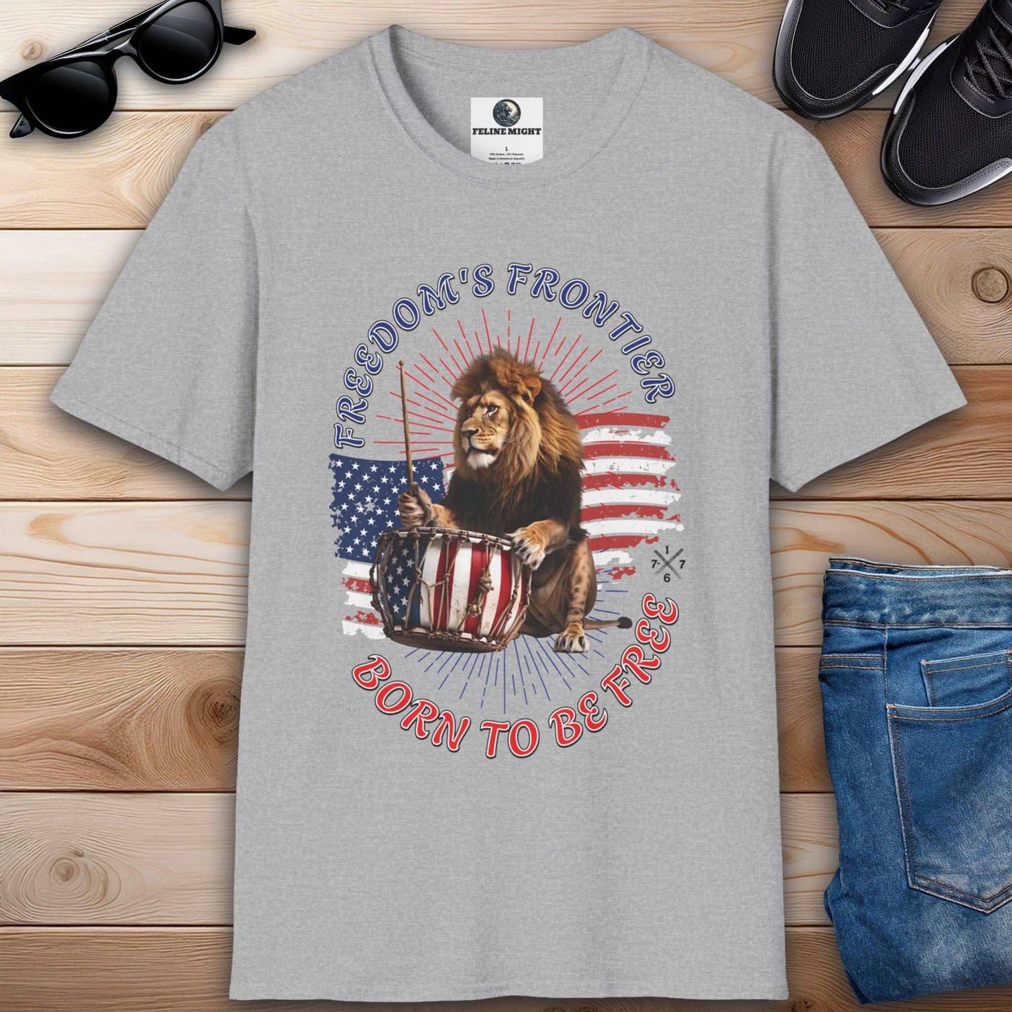 Grey t-shirt featuring a lion playing a drum with American flag design