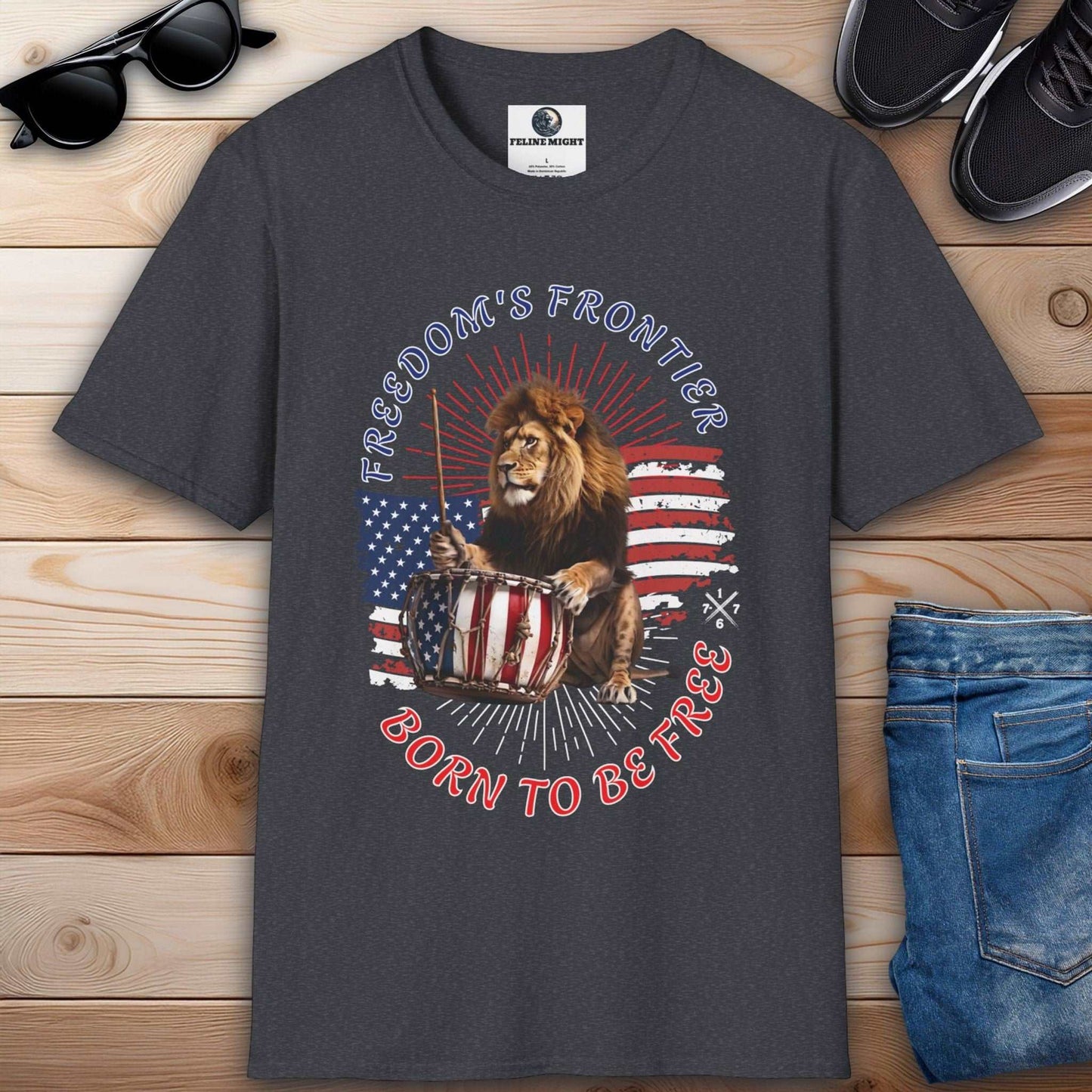 Dark heather grey t-shirt featuring a lion playing a drum with American flag design