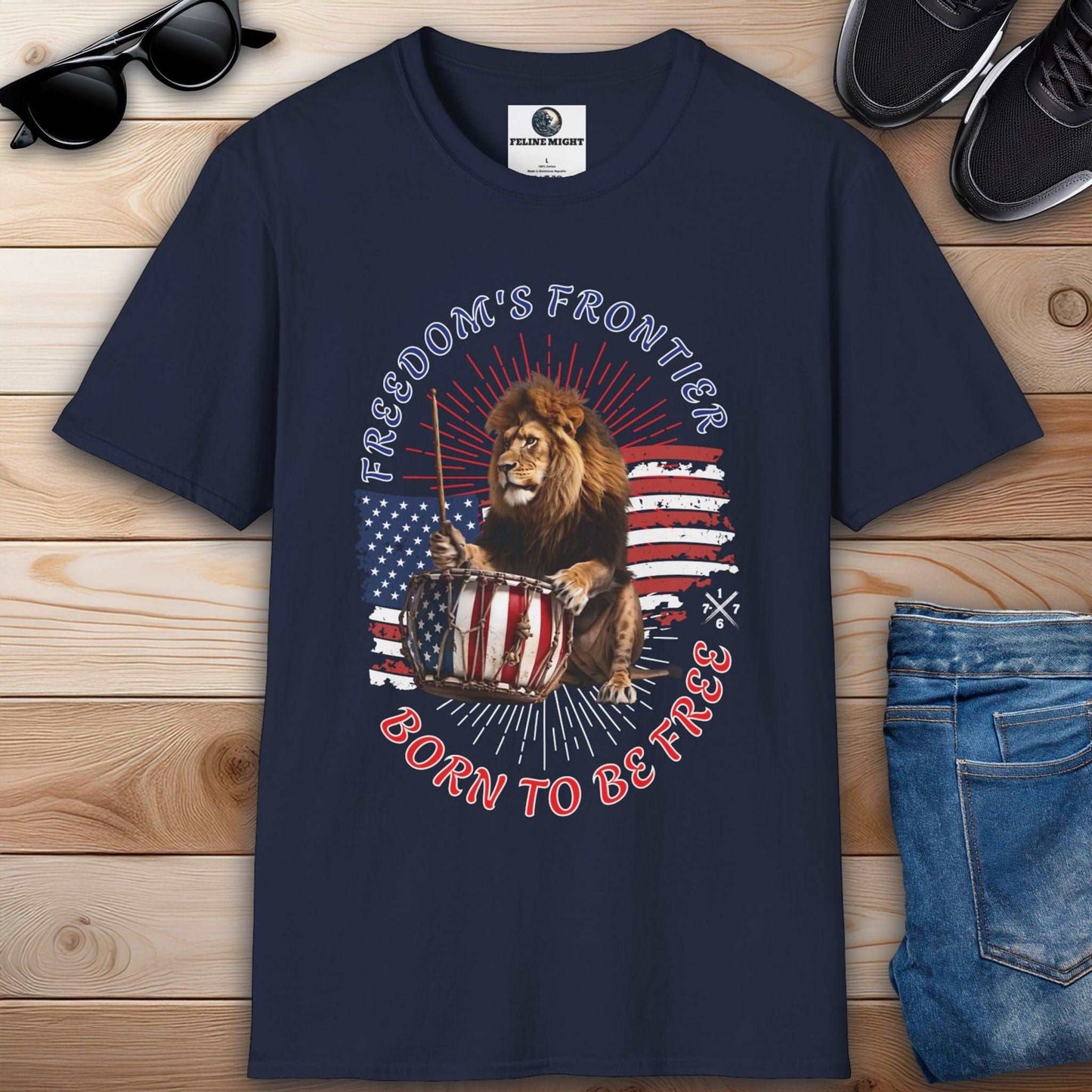 Navy blue t-shirt featuring a lion playing a drum with American flag design