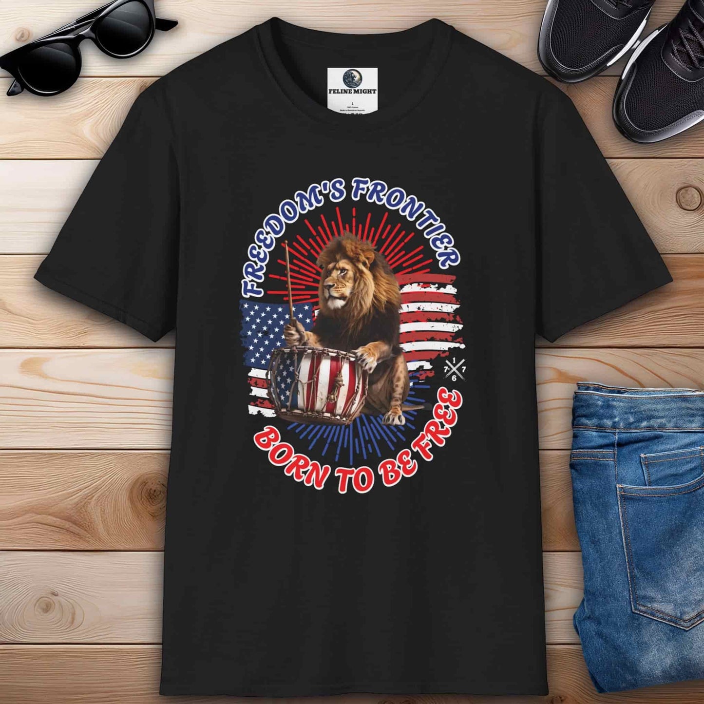 Black t-shirt with 'Born to Be Free' slogan and lion graphic