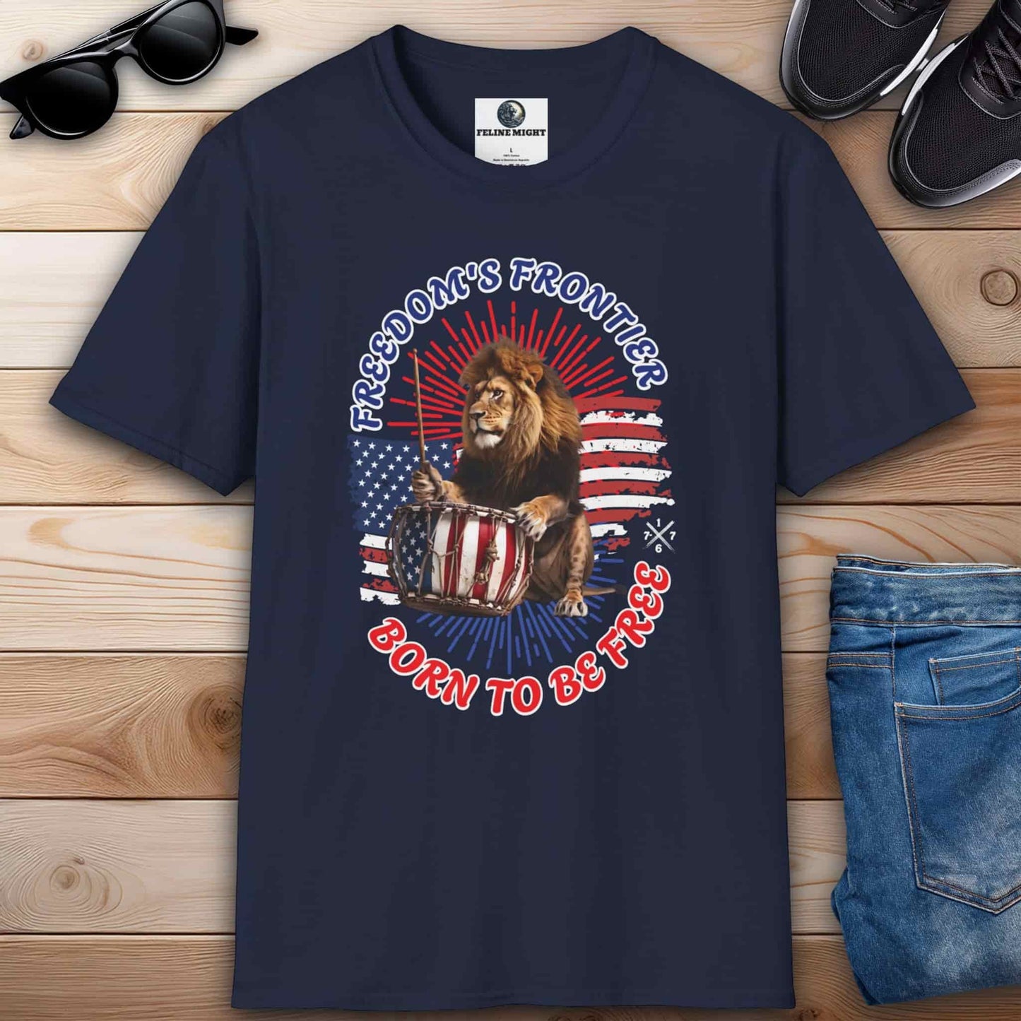 Navy blue t-shirt with 'Born to Be Free' slogan and lion graphic