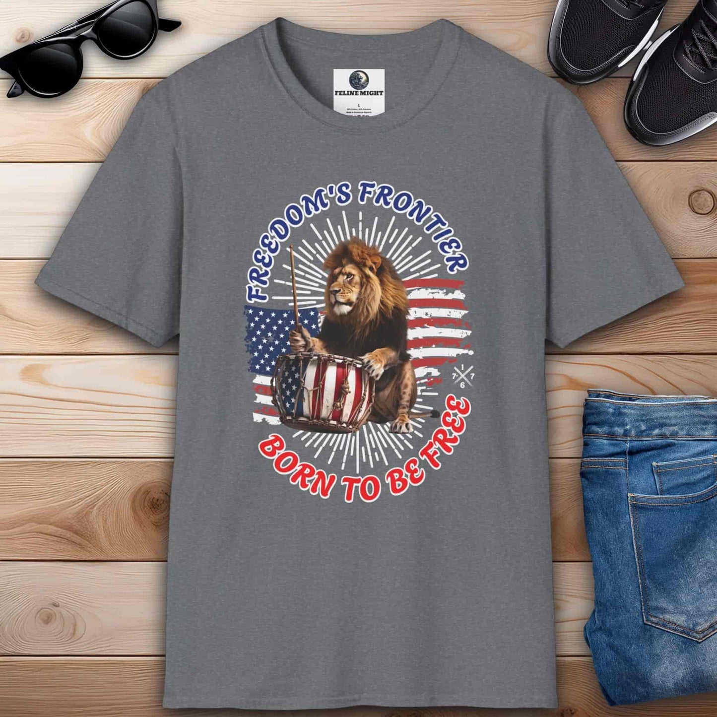 Athletic heather grey t-shirt with 'Born to Be Free' slogan and lion graphic