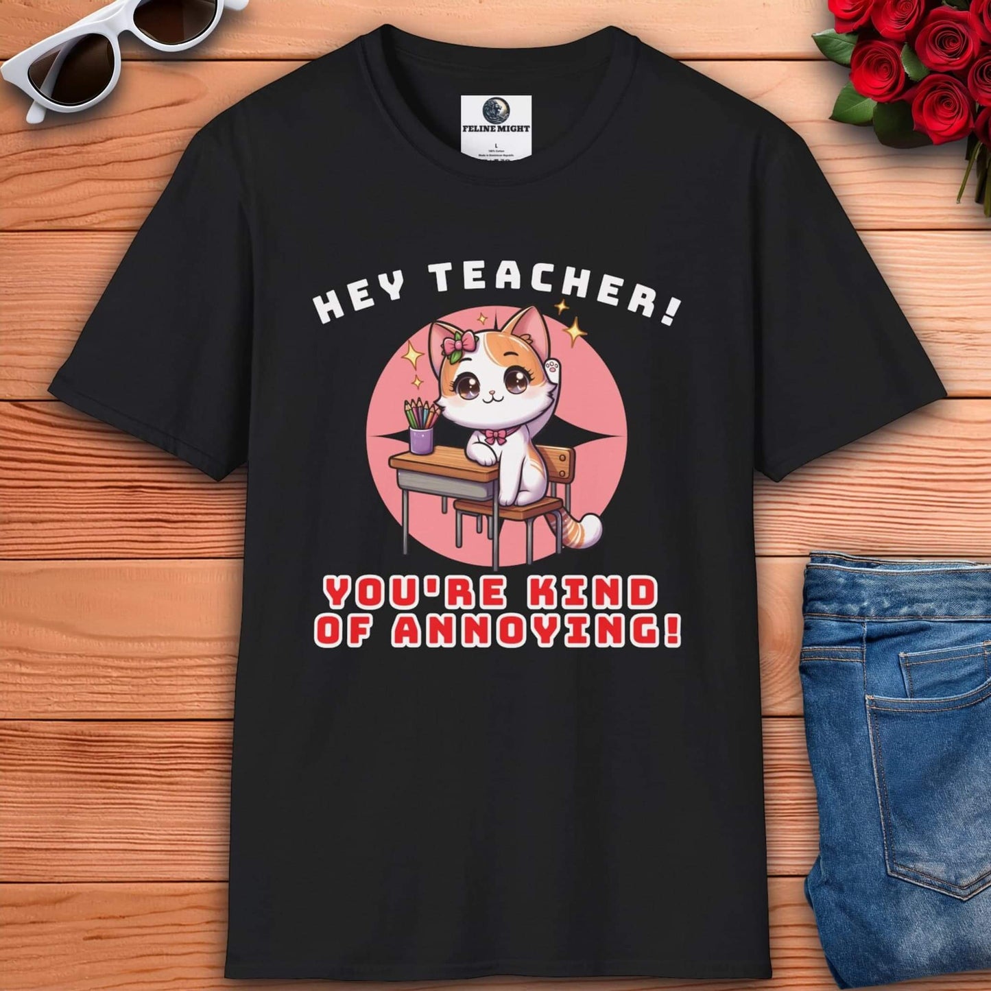 A cute cat character on a black t-shirt saying 'Hey Teacher! You're Kind of Annoying!'