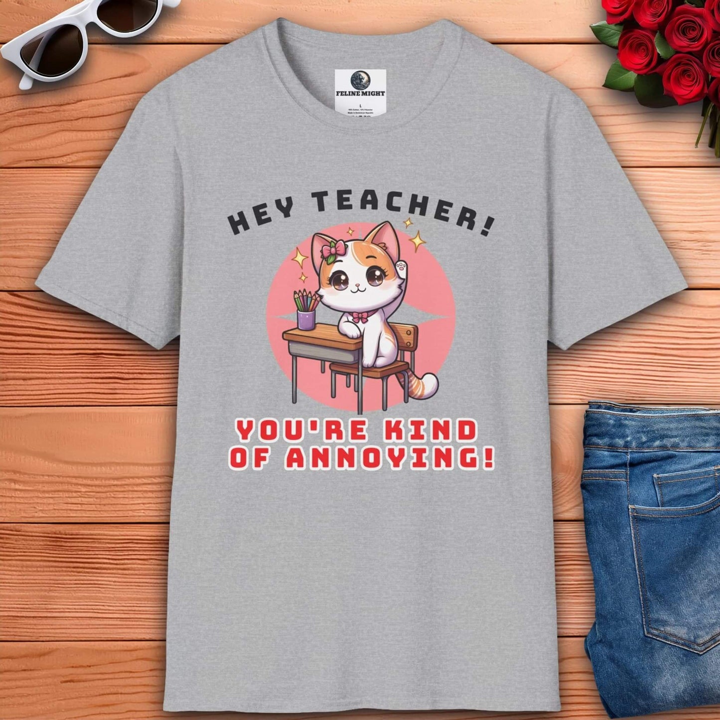 A cute cat character on a grey t-shirt saying 'Hey Teacher! You're Kind of Annoying!'