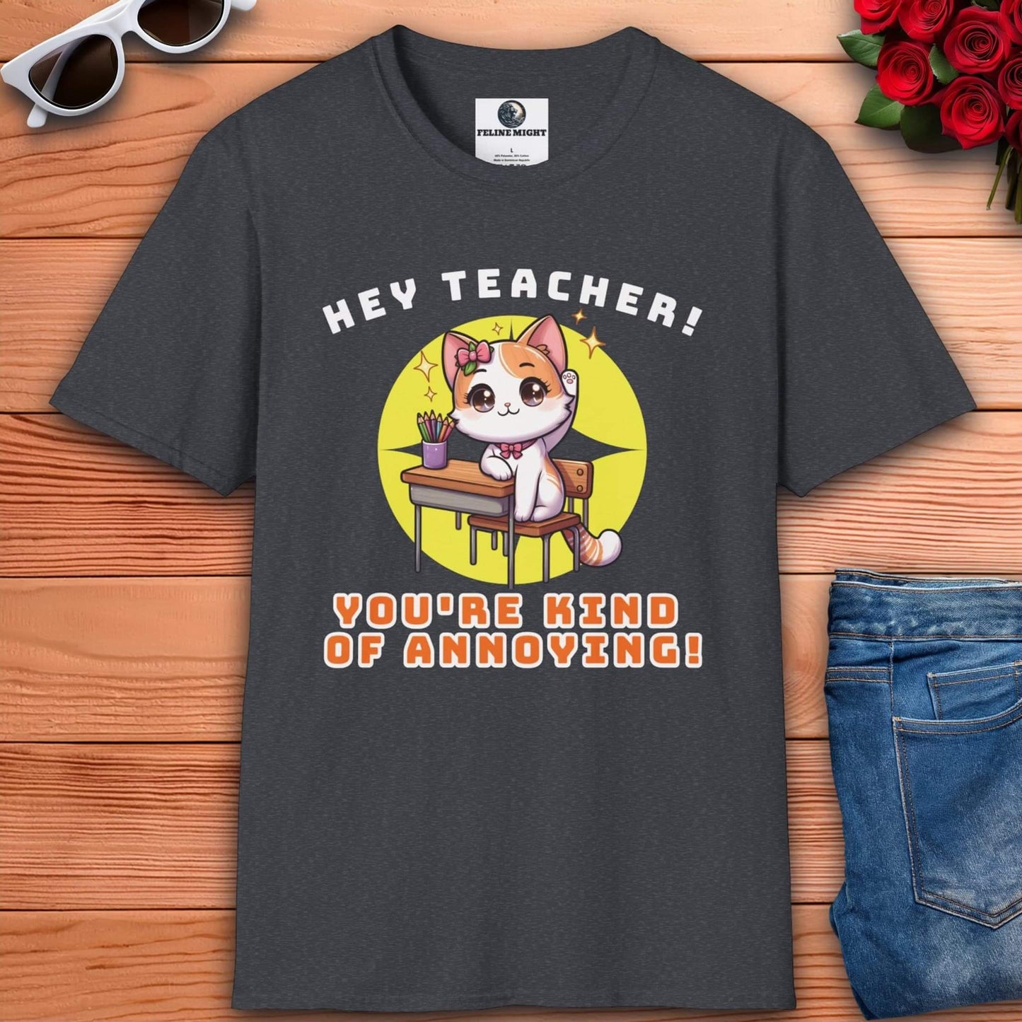 A cute cat character on a dark heather grey t-shirt saying 'Hey Teacher! You're Kind of Annoying!'