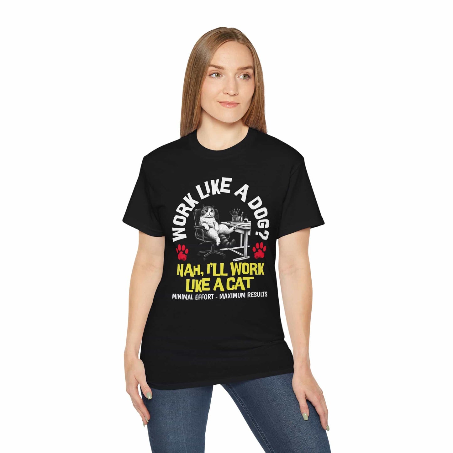 A woman in a black Funny Work Cat T-Shirt with a humorous cat graphic and the text 'Work like a dog? Nah, I'll work like a cat.'