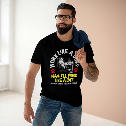 A man in a black Funny Work Cat T-Shirt with a humorous cat graphic and the text 'Work like a dog? Nah, I'll work like a cat.'