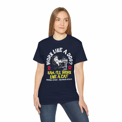 A woman in a navy blue Funny Work Cat T-Shirt with a humorous cat graphic and the text 'Work like a dog? Nah, I'll work like a cat.'