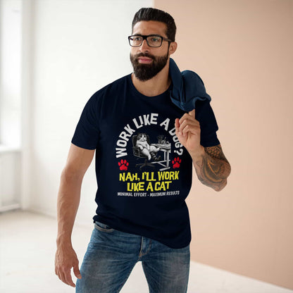 A man in a navy blue Funny Work Cat T-Shirt with a humorous cat graphic and the text 'Work like a dog? Nah, I'll work like a cat.'