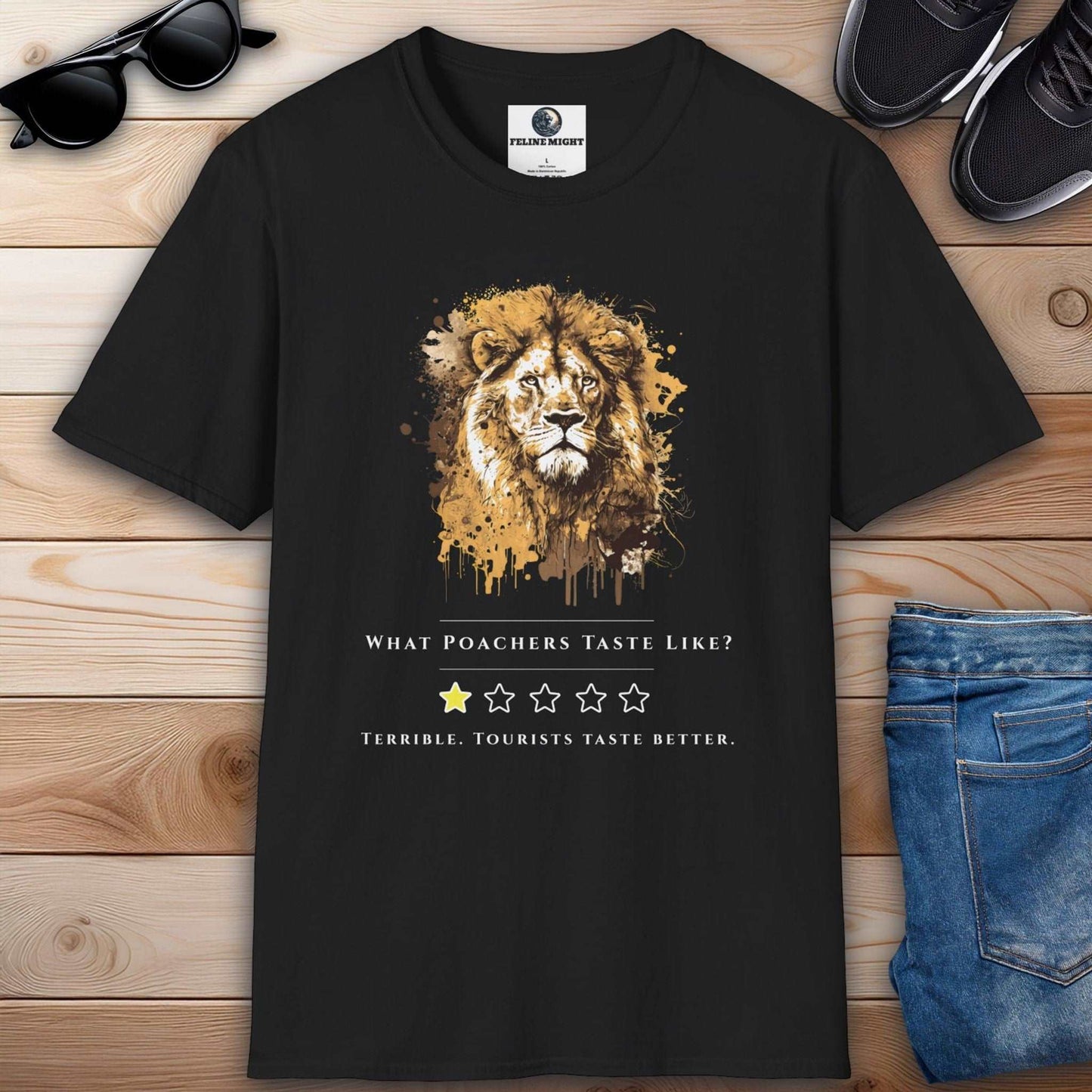 A stylish black t-shirt with a lion illustration and the text 'What Poachers Taste Like?'