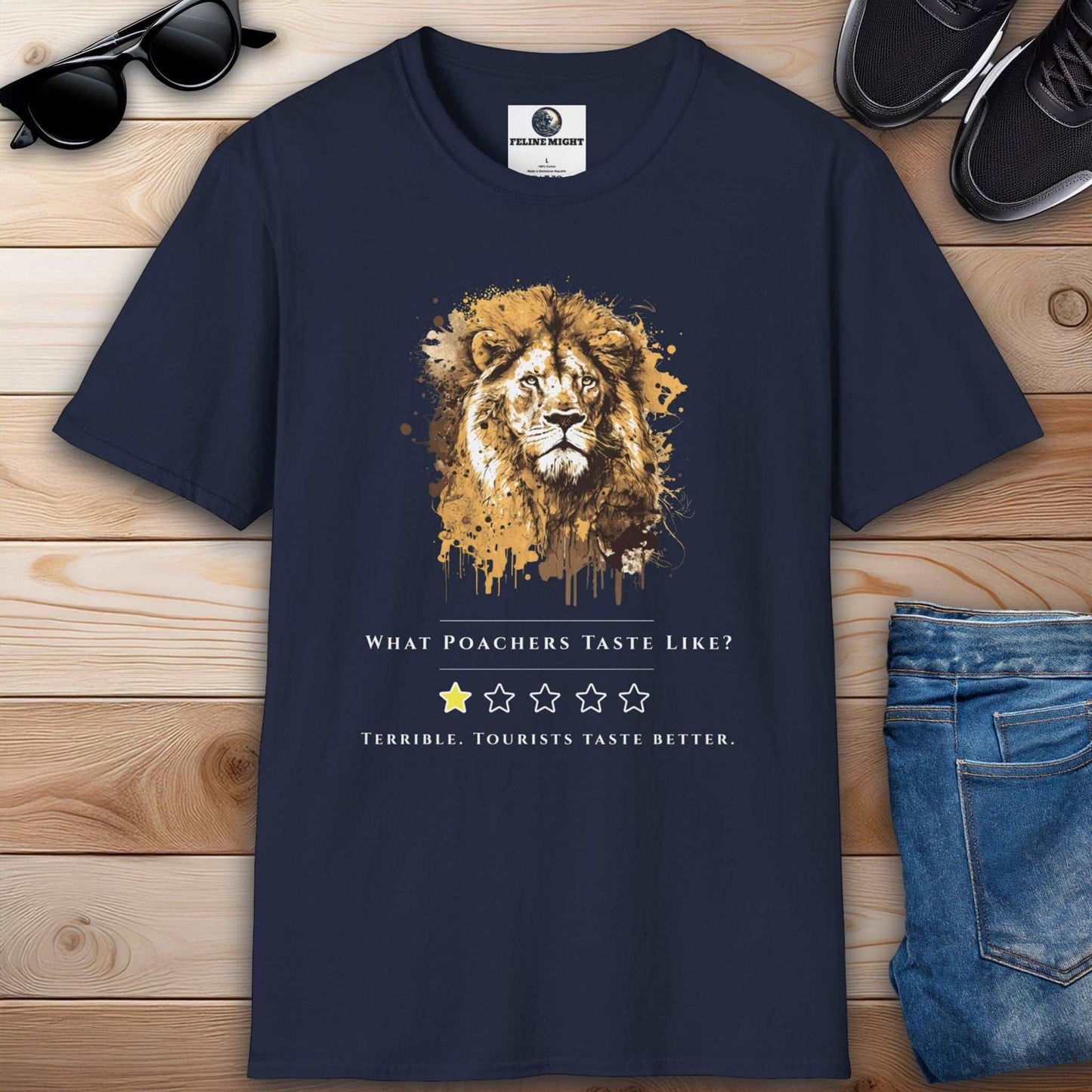 A stylish navy blue t-shirt with a lion illustration and the text 'What Poachers Taste Like?'