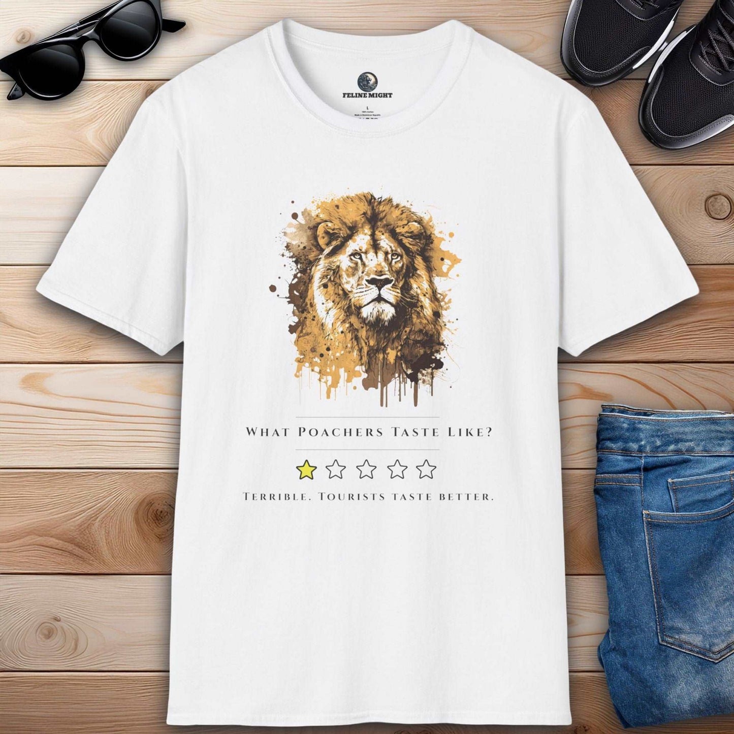 A stylish white t-shirt with a lion illustration and the text 'What Poachers Taste Like?'