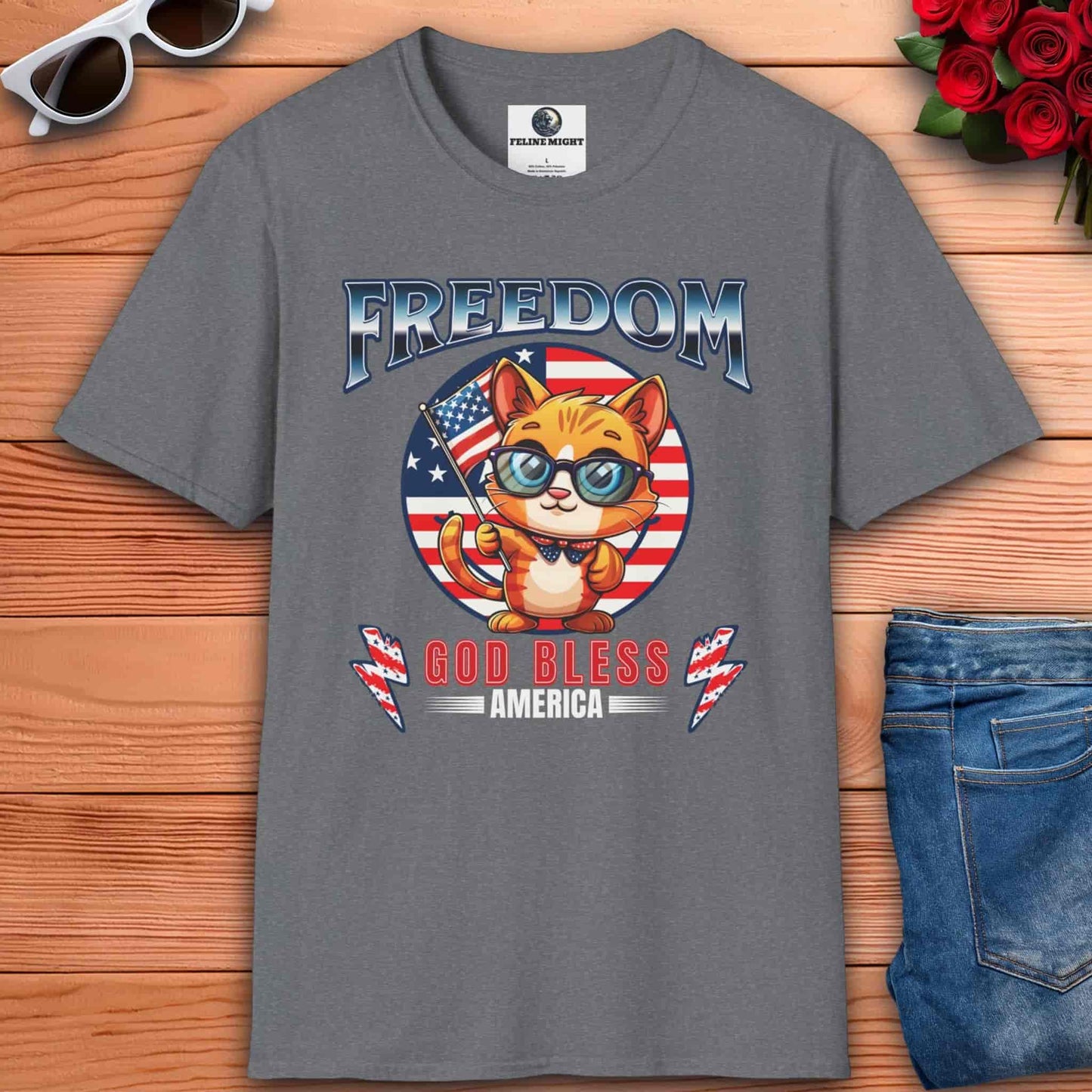 Cute cat wearing glasses on an athletic heather grey t-shirt with 'Freedom God Bless America' design