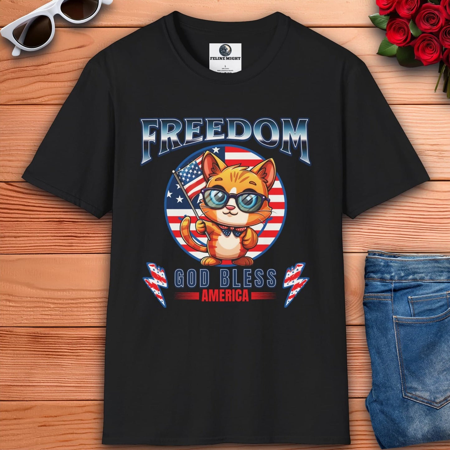 Cute cat wearing glasses on a black t-shirt with 'Freedom God Bless America' design