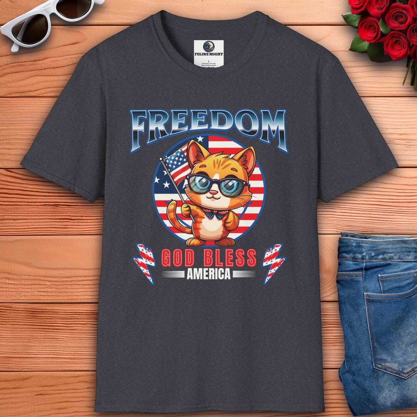 Cute cat wearing glasses on a dark heather grey t-shirt with 'Freedom God Bless America' design