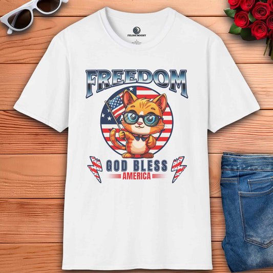 Cute cat wearing glasses on a white t-shirt with 'Freedom God Bless America' design