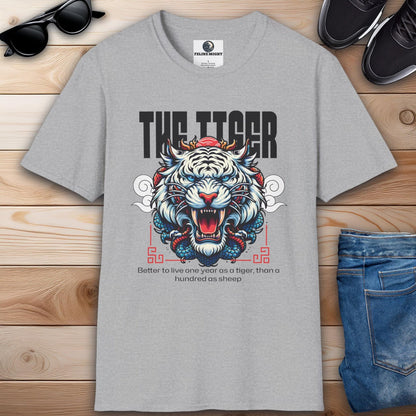 Grey t-shirt featuring a fierce tiger graphic and motivational quote