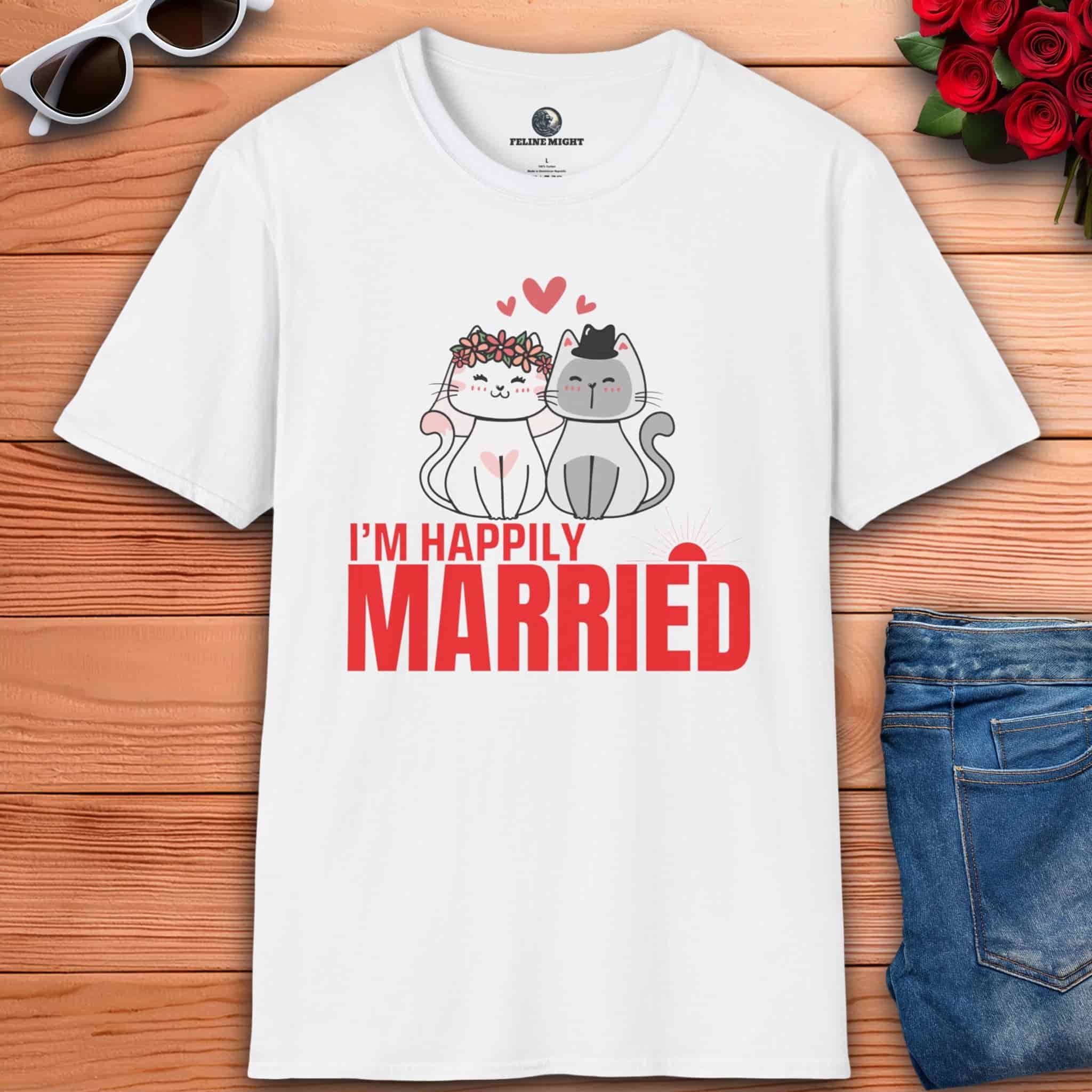 Cute romantic white Women's Happily Married Cat Lover T-Shirt featuring two cartoon cats with the text 'I’M HAPPILY MARRIED'