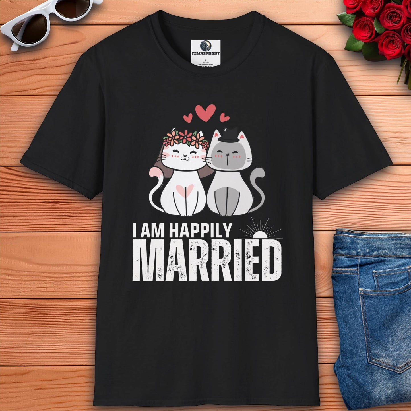 Cute black t-shirt featuring two cartoon cats with the text 'I AM HAPPILY MARRIED'