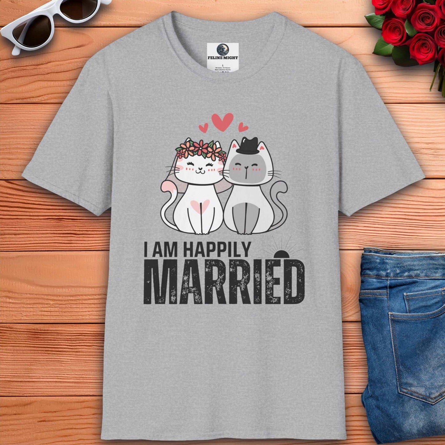 Cute grey t-shirt featuring two cartoon cats with the text 'I AM HAPPILY MARRIED'