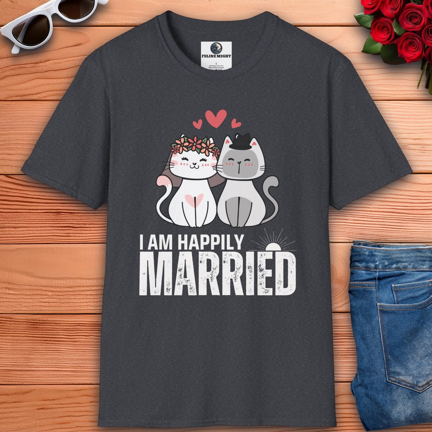 Cute dark heather grey t-shirt featuring two cartoon cats with the text 'I AM HAPPILY MARRIED'