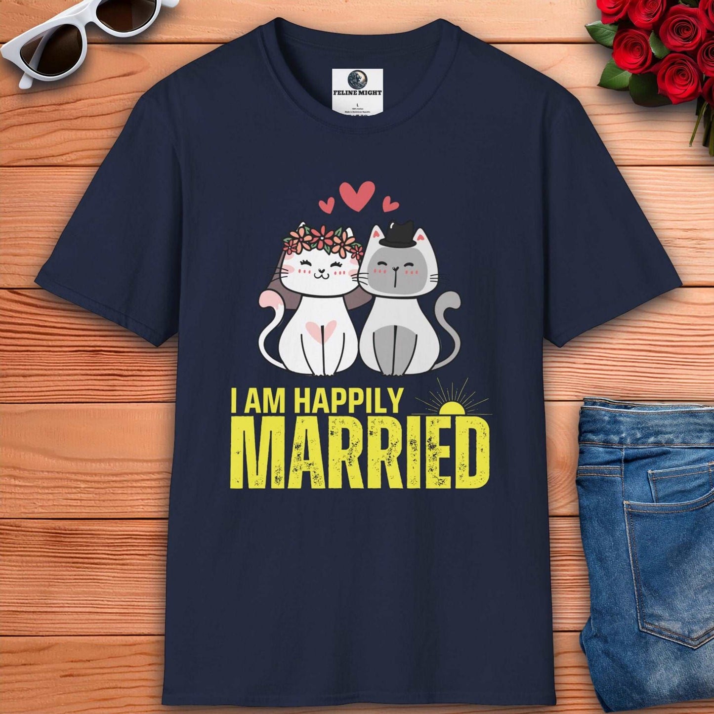 Cute navy blue t-shirt featuring two cartoon cats with the text 'I AM HAPPILY MARRIED'