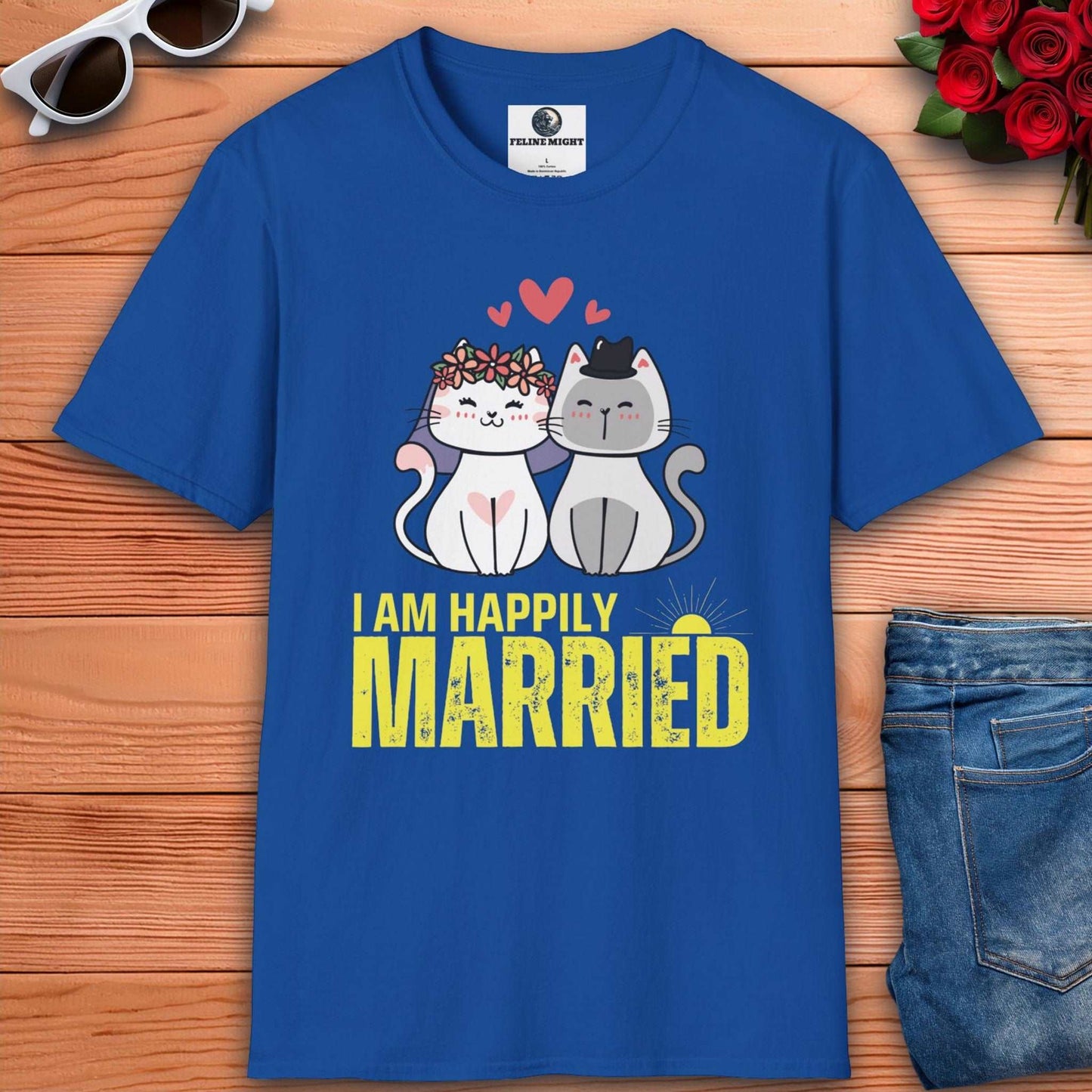 Cute royal blue t-shirt featuring two cartoon cats with the text 'I AM HAPPILY MARRIED'