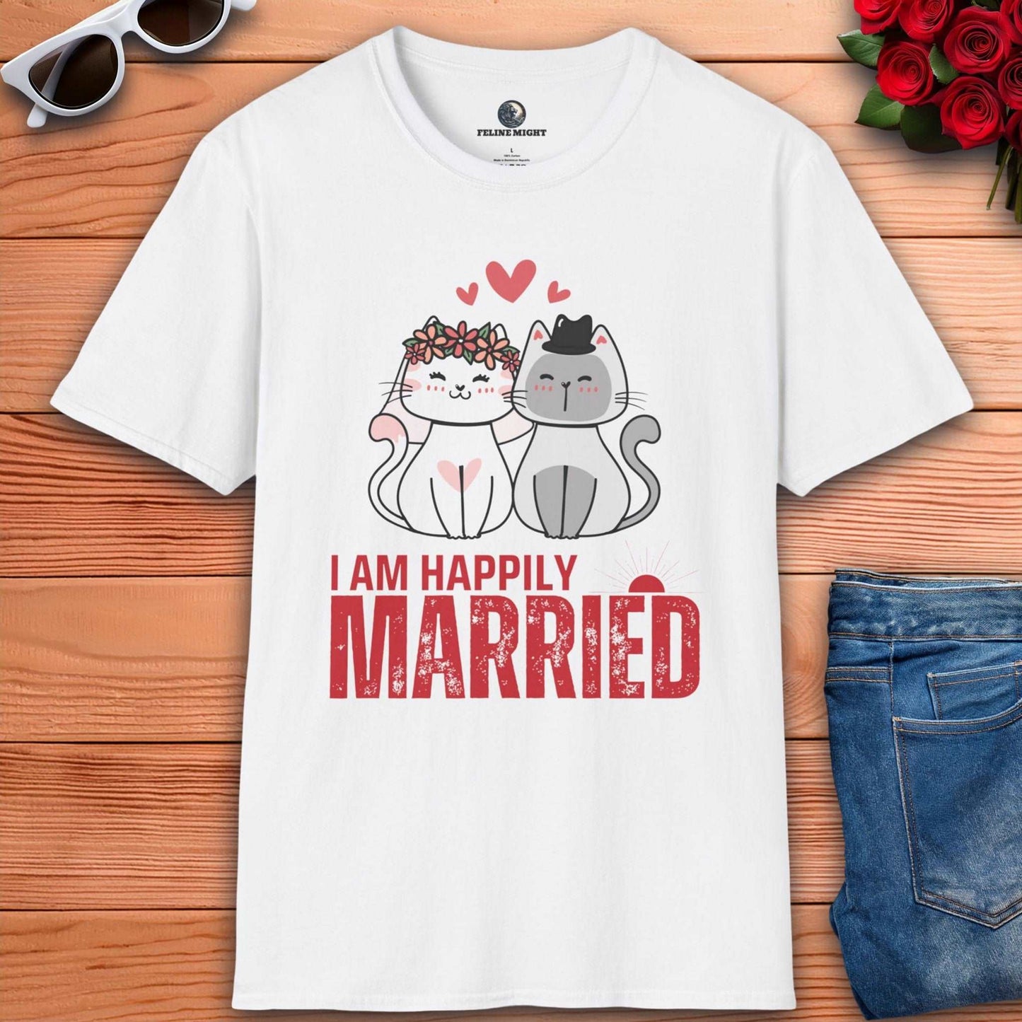 Cute white t-shirt featuring two cartoon cats with the text 'I AM HAPPILY MARRIED'