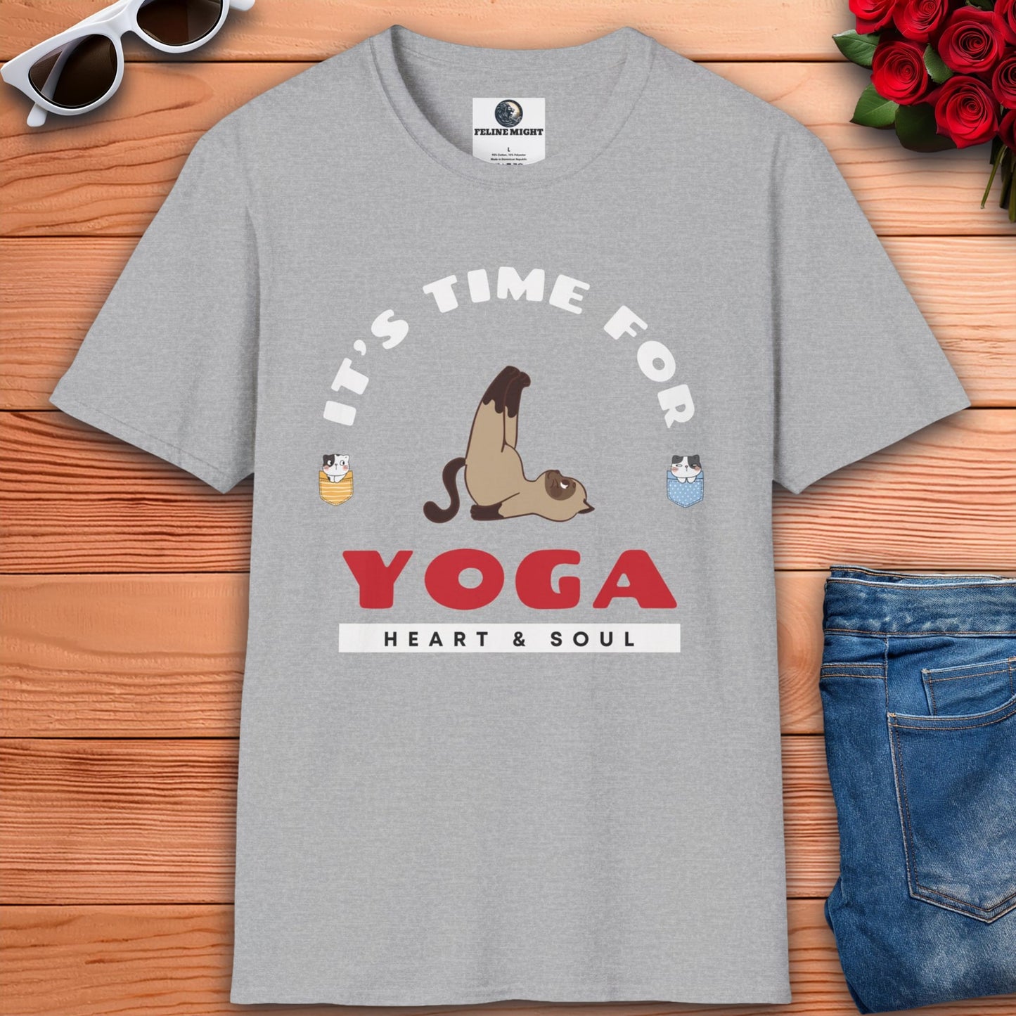 Cute yoga-themed grey t-shirt featuring a playful cat illustration